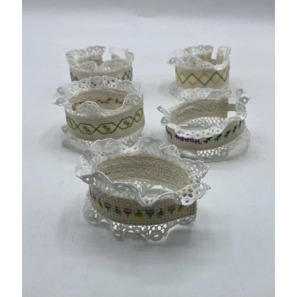Vintage Cross Stitch Napkin Rings Handmade Easter Spring Dinner Party Set of 5
